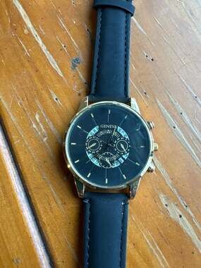 Geneva Men's Gold Tone Quartz Calendar Watch with Black Faux Leather Strap